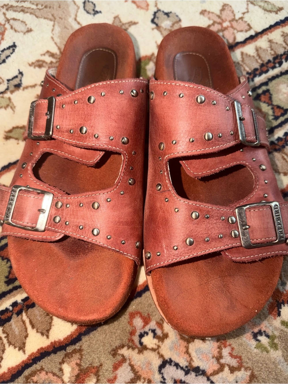 Freebird by Steven Women's Double-Buckle Studded Slide Sandals in Rust Brown